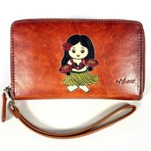 Hawaiian Hula Girl Brown Leather Wristlet Zipper Wallet Tropical 6x3.5